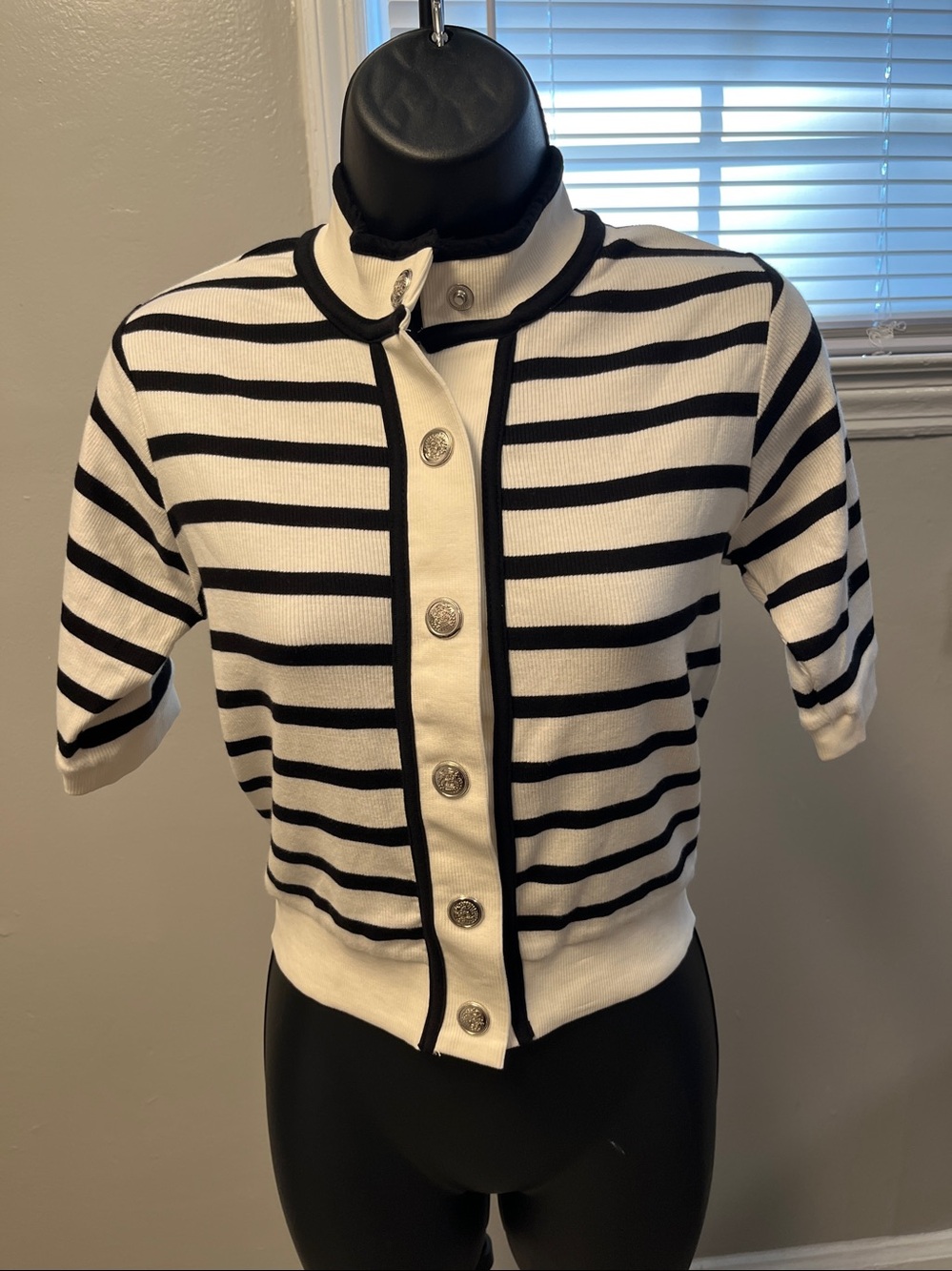Style & Union Black & White Striped Knit Top with Contrast Trim